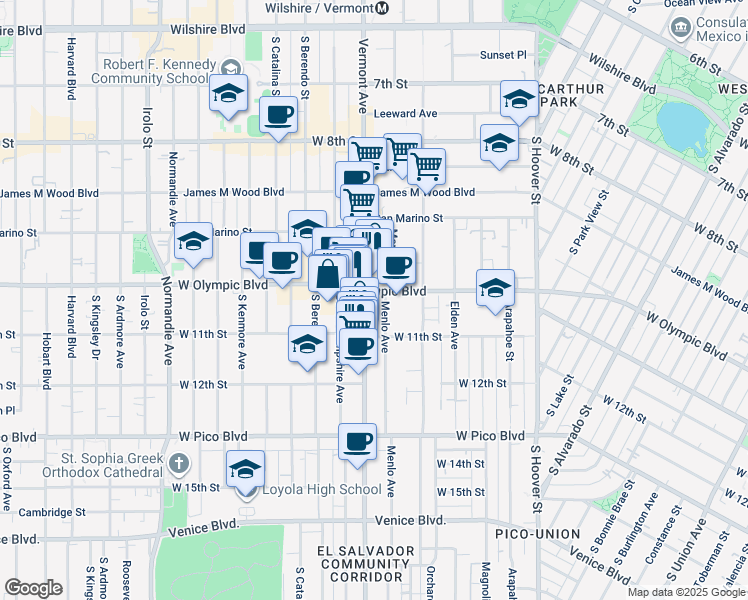 map of restaurants, bars, coffee shops, grocery stores, and more near 1044 Vermont Avenue in Los Angeles