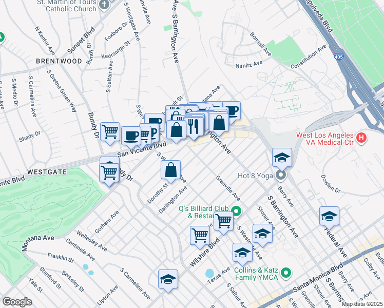map of restaurants, bars, coffee shops, grocery stores, and more near 871 Granville Avenue in Los Angeles