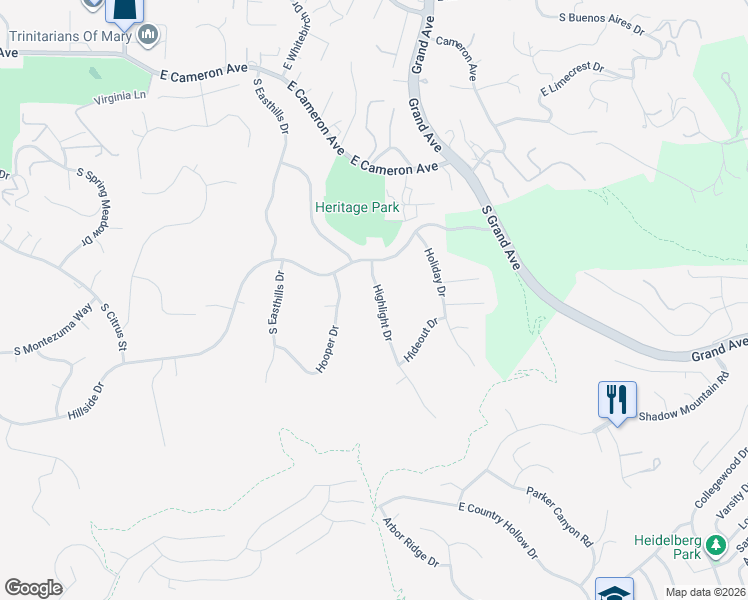 map of restaurants, bars, coffee shops, grocery stores, and more near 1019 Highlight Drive in West Covina