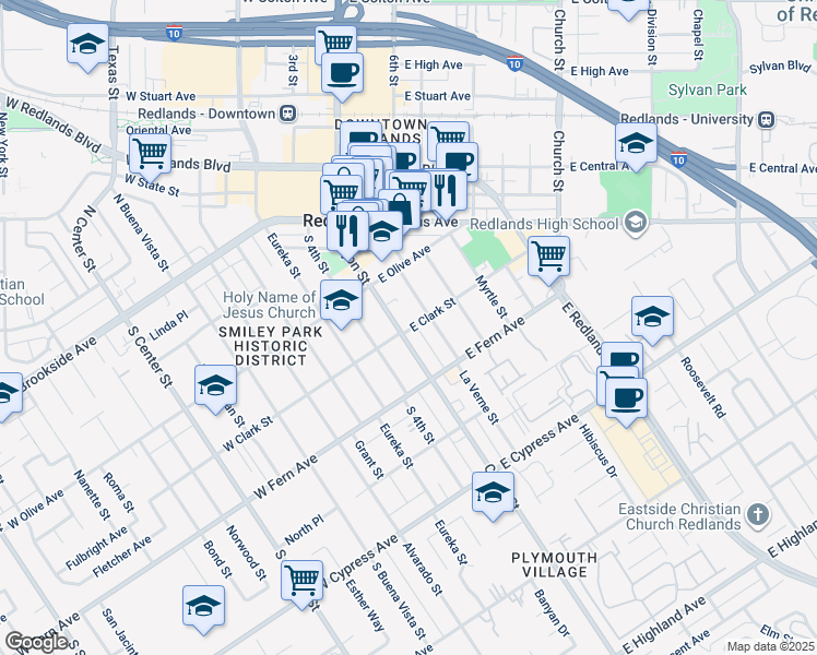 map of restaurants, bars, coffee shops, grocery stores, and more near 312 Cajon Street in Redlands