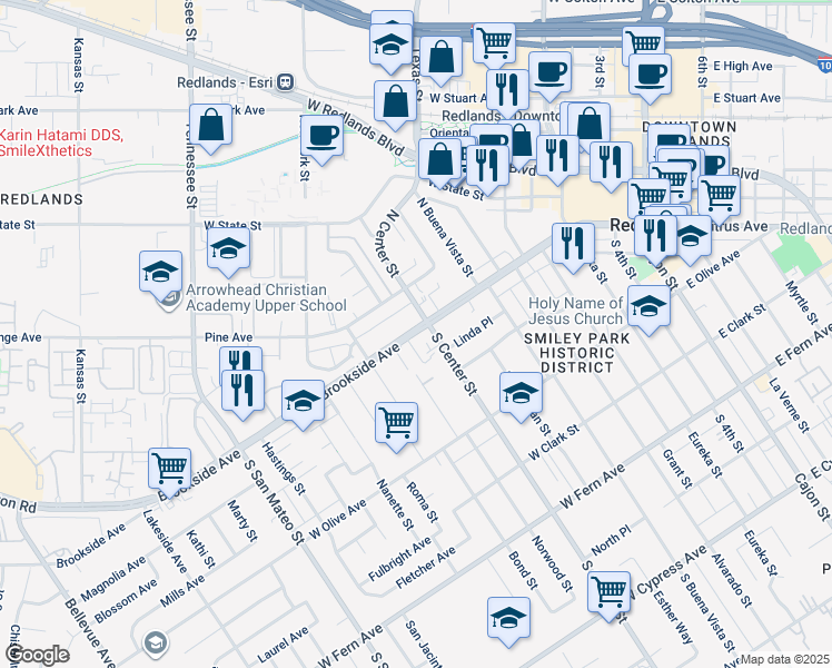 map of restaurants, bars, coffee shops, grocery stores, and more near 711 Brookside Avenue in Redlands