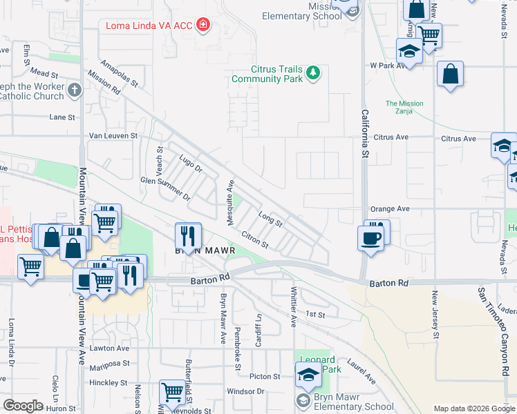 map of restaurants, bars, coffee shops, grocery stores, and more near 11123 Cram Lane in Loma Linda