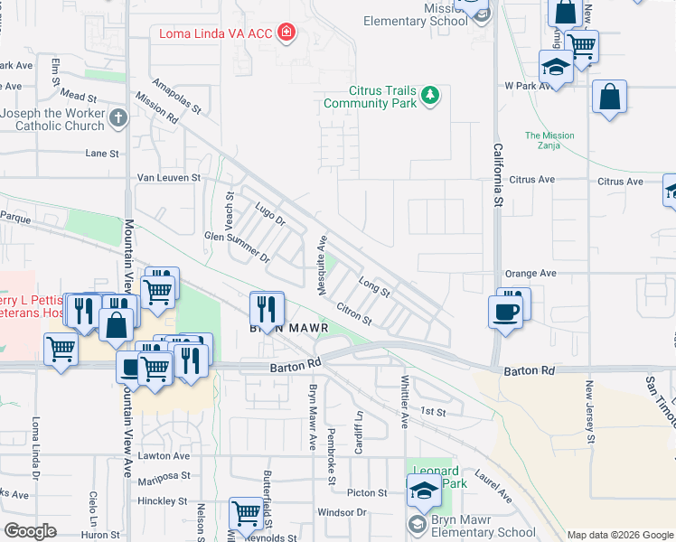 map of restaurants, bars, coffee shops, grocery stores, and more near 11144 Morningstar Place in Loma Linda