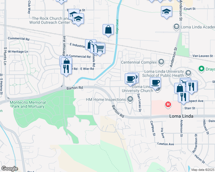 map of restaurants, bars, coffee shops, grocery stores, and more near 11153 Rosarita Drive in Loma Linda