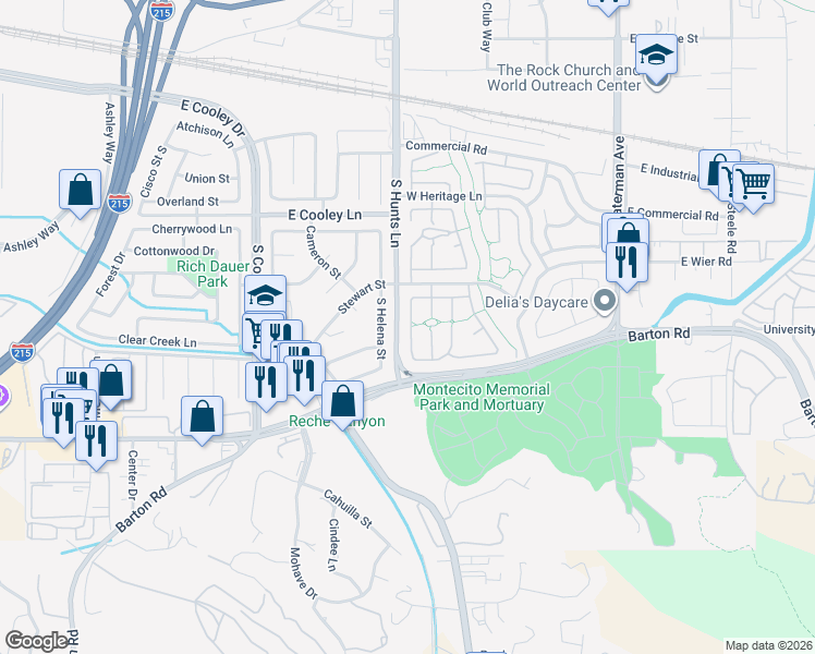 map of restaurants, bars, coffee shops, grocery stores, and more near 2711 Annapolis Circle in San Bernardino