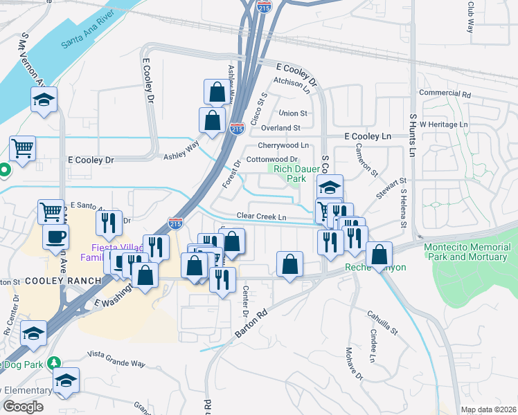 map of restaurants, bars, coffee shops, grocery stores, and more near 1813 Clear Creek Lane in Colton