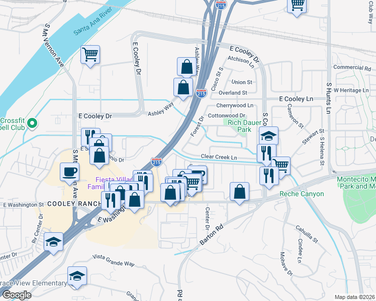 map of restaurants, bars, coffee shops, grocery stores, and more near 1699 East Washington Street in Colton