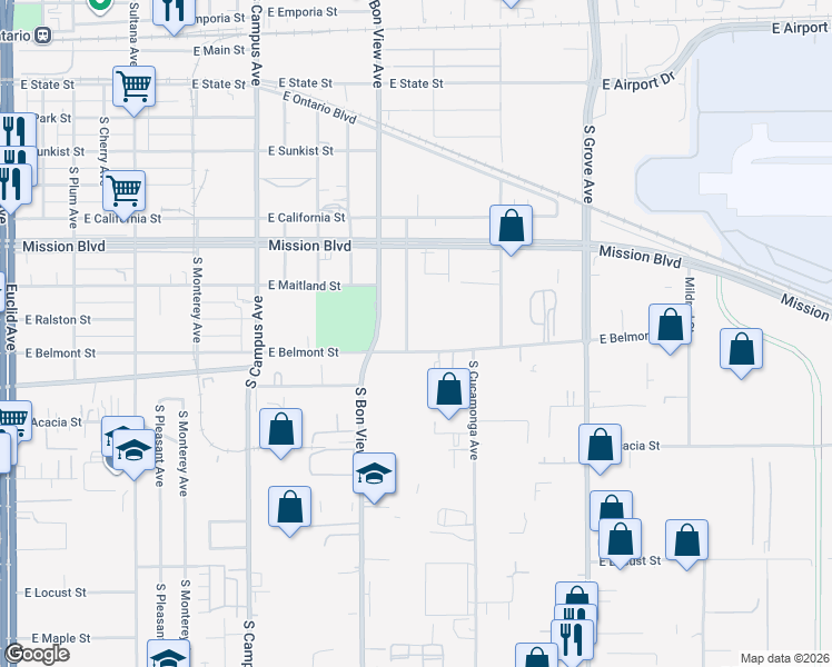 map of restaurants, bars, coffee shops, grocery stores, and more near 55 East Belmont Street in Ontario