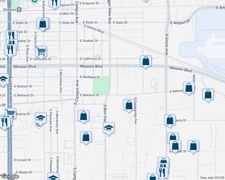 map of restaurants, bars, coffee shops, grocery stores, and more near 1138 South Greenwood Avenue in Ontario
