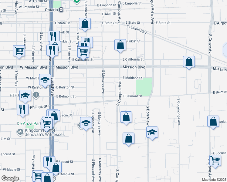 map of restaurants, bars, coffee shops, grocery stores, and more near 644 East Belmont Street in Ontario