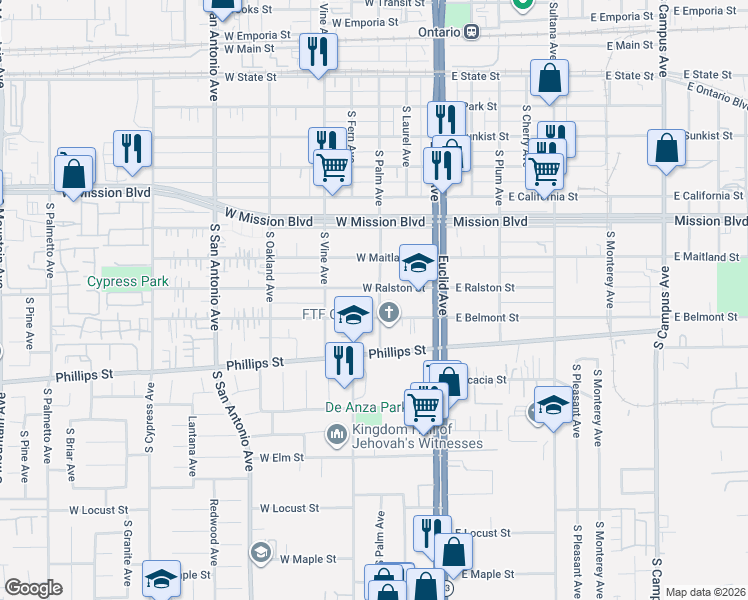 map of restaurants, bars, coffee shops, grocery stores, and more near 314 West Belmont Street in Ontario
