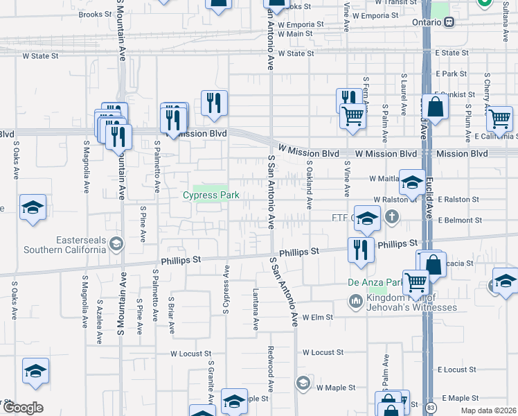 map of restaurants, bars, coffee shops, grocery stores, and more near 724 West Belmont Street in Ontario
