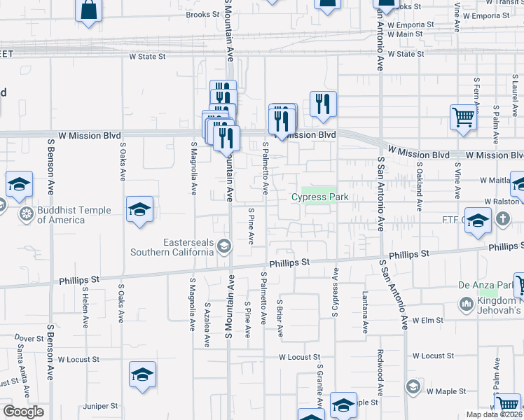 map of restaurants, bars, coffee shops, grocery stores, and more near 1205 South Palmetto Avenue in Ontario
