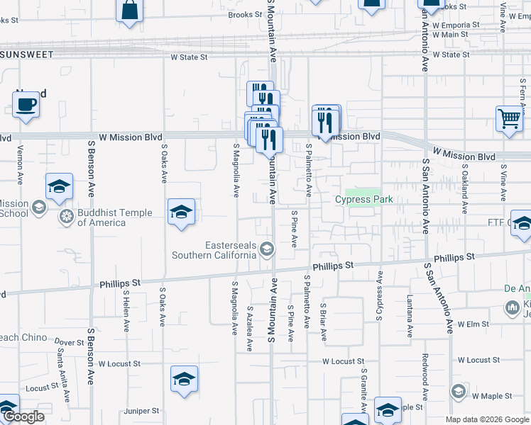 map of restaurants, bars, coffee shops, grocery stores, and more near 1115 West Ralston Street in Ontario