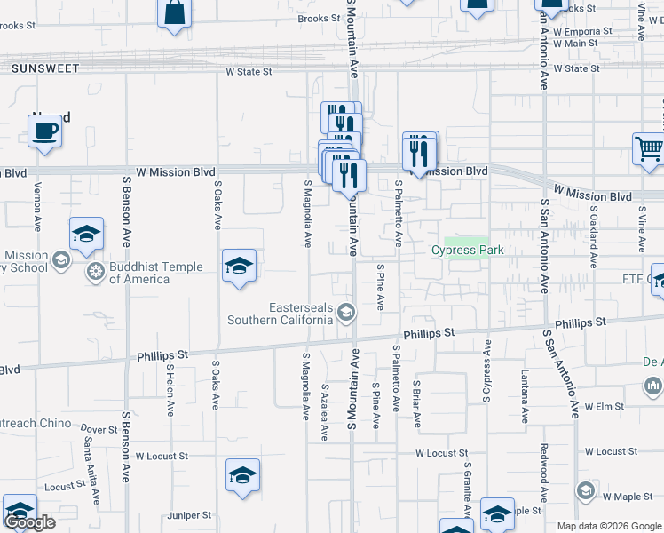 map of restaurants, bars, coffee shops, grocery stores, and more near 1115 West Ralston Street in Ontario