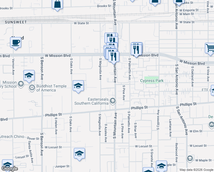 map of restaurants, bars, coffee shops, grocery stores, and more near 1115 West Ralston Street in Ontario