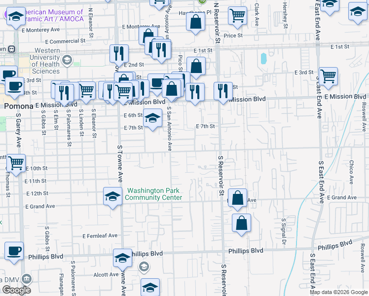 map of restaurants, bars, coffee shops, grocery stores, and more near 1069 Hibiscus Court in Pomona