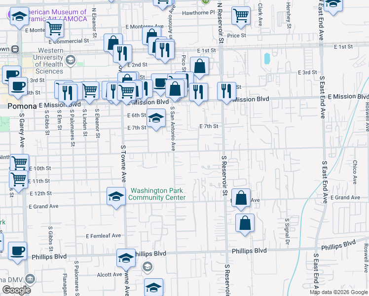 map of restaurants, bars, coffee shops, grocery stores, and more near 910 South San Antonio Avenue in Pomona