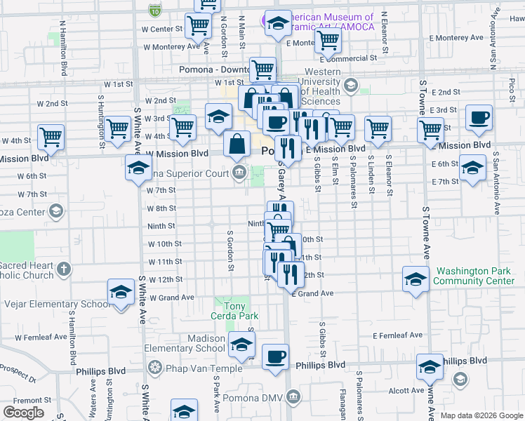 map of restaurants, bars, coffee shops, grocery stores, and more near 263 West 9th Street in Pomona