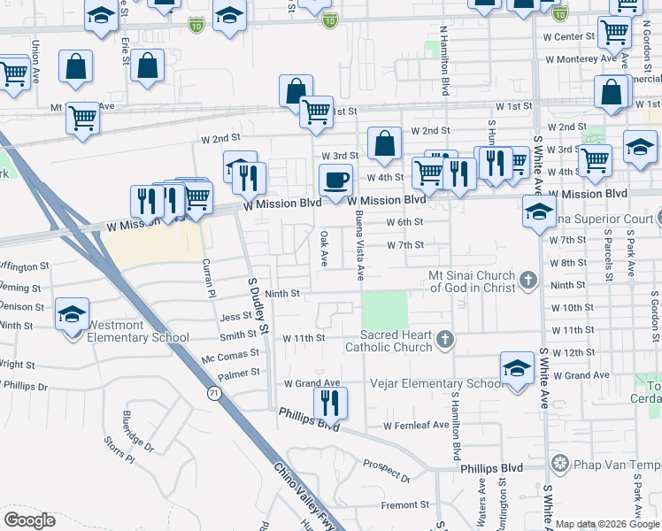 map of restaurants, bars, coffee shops, grocery stores, and more near 1388 West 8th Street in Pomona