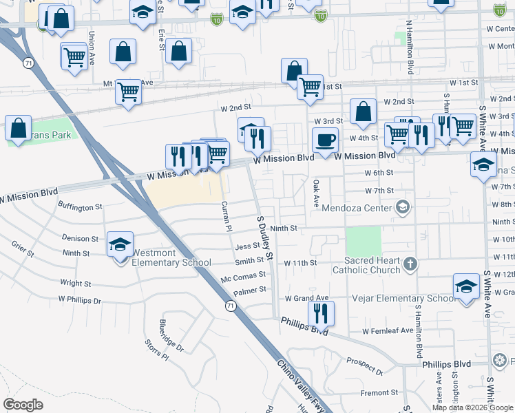 map of restaurants, bars, coffee shops, grocery stores, and more near 886 South Dudley Street in Pomona