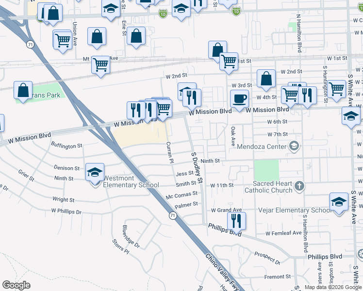 map of restaurants, bars, coffee shops, grocery stores, and more near 1564 Meserve Street in Pomona