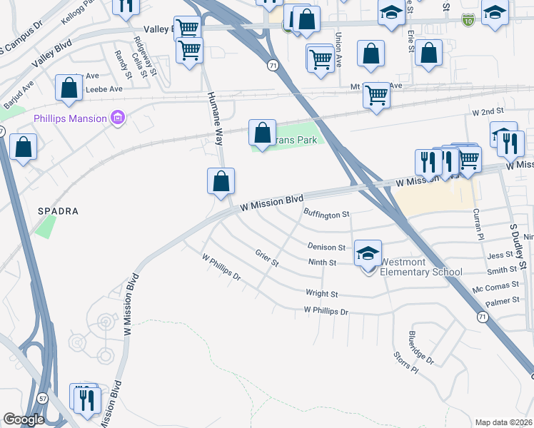 map of restaurants, bars, coffee shops, grocery stores, and more near 1956 Denison Street in Pomona