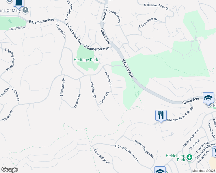 map of restaurants, bars, coffee shops, grocery stores, and more near 3175 Hideout Drive in West Covina