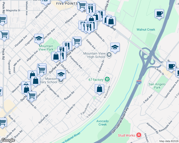map of restaurants, bars, coffee shops, grocery stores, and more near 12512 Poinsettia Avenue in El Monte