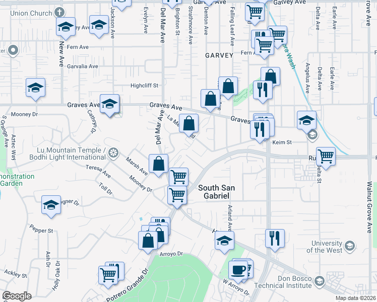 map of restaurants, bars, coffee shops, grocery stores, and more near 1728 Del Mar Avenue in Rosemead