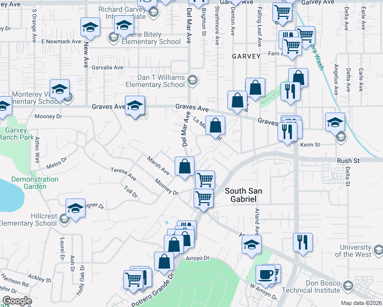 map of restaurants, bars, coffee shops, grocery stores, and more near 1960 Redding Avenue in Rosemead