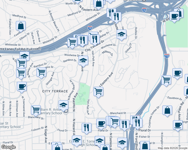 map of restaurants, bars, coffee shops, grocery stores, and more near 1174 Van Pelt Avenue in Los Angeles