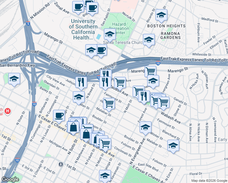 map of restaurants, bars, coffee shops, grocery stores, and more near 2443 1/2 Fairmount Street in Los Angeles