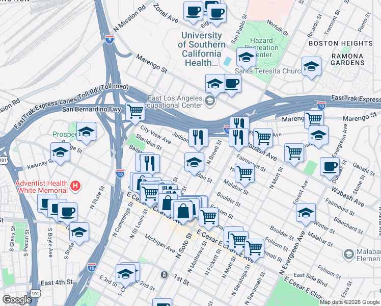 map of restaurants, bars, coffee shops, grocery stores, and more near 2154 City View Avenue in Los Angeles