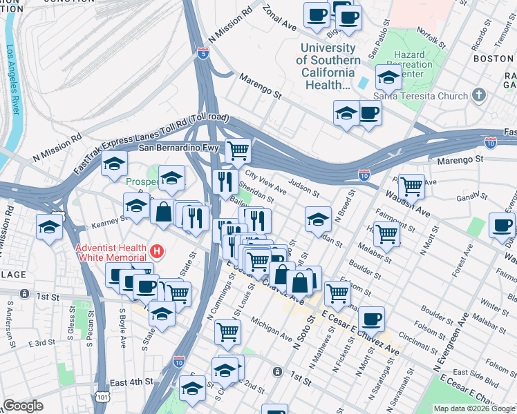 map of restaurants, bars, coffee shops, grocery stores, and more near 629 3/4 Brittania Street in Los Angeles