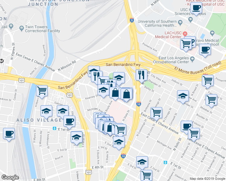 map of restaurants, bars, coffee shops, grocery stores, and more near 1700 East Cesar E Chavez Avenue in Los Angeles