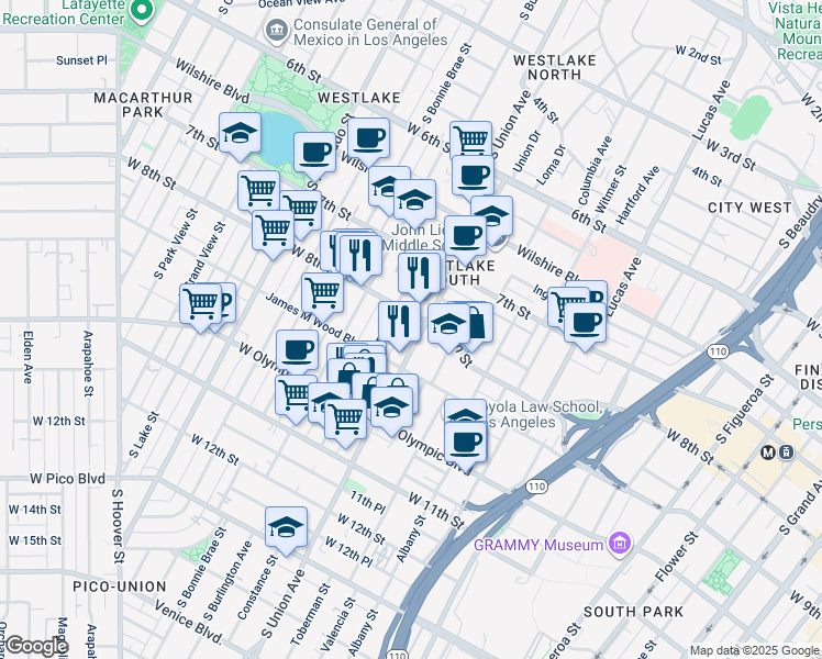 map of restaurants, bars, coffee shops, grocery stores, and more near 1617 West 9th Street in Los Angeles