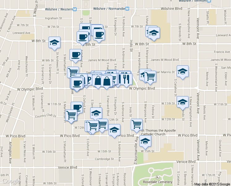 map of restaurants, bars, coffee shops, grocery stores, and more near 1039 South Kingsley Drive in Los Angeles