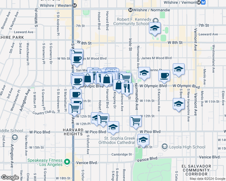map of restaurants, bars, coffee shops, grocery stores, and more near 1039 South Kingsley Drive in Los Angeles