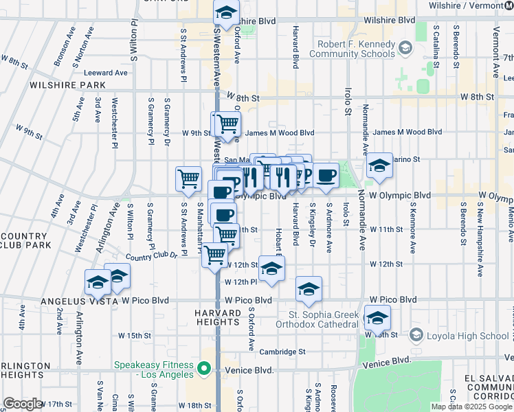map of restaurants, bars, coffee shops, grocery stores, and more near 1039 South Serrano Avenue in Los Angeles