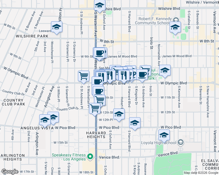 map of restaurants, bars, coffee shops, grocery stores, and more near 1039 South Serrano Avenue in Los Angeles