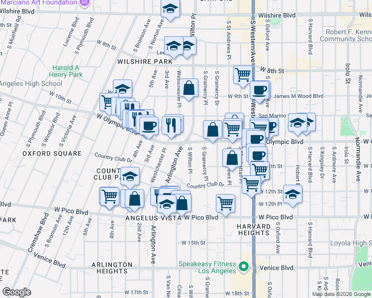 map of restaurants, bars, coffee shops, grocery stores, and more near 1032 Arlington Avenue in Los Angeles