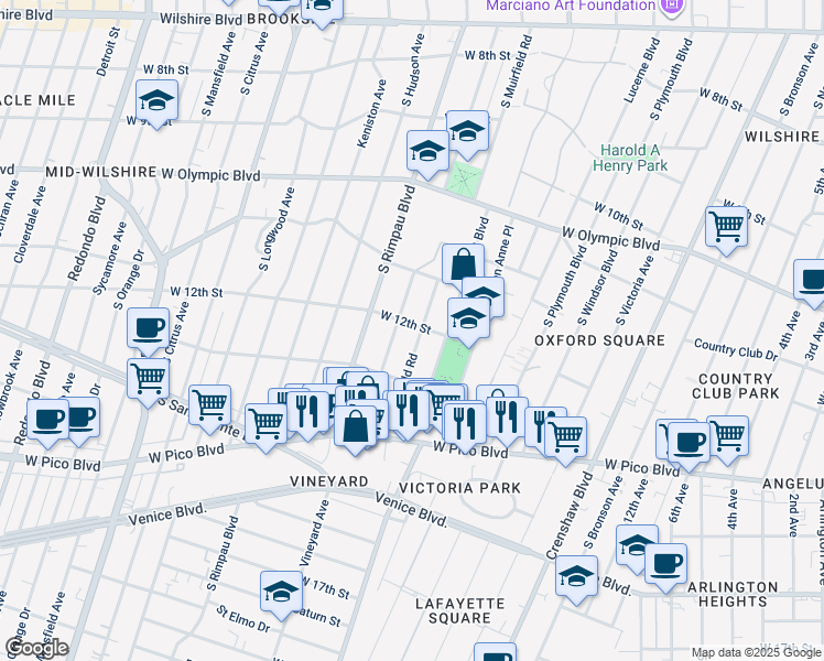 map of restaurants, bars, coffee shops, grocery stores, and more near 1218 South Muirfield Road in Los Angeles