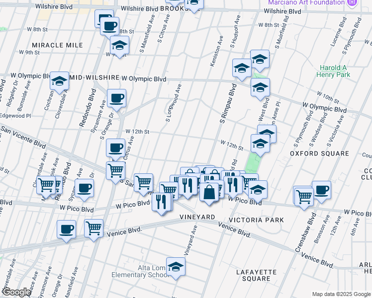 map of restaurants, bars, coffee shops, grocery stores, and more near 1252 Keniston Avenue in Los Angeles