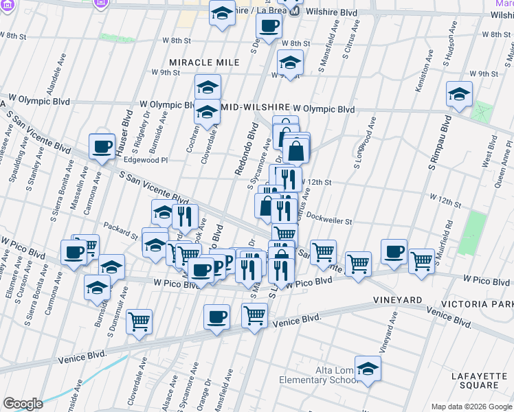 map of restaurants, bars, coffee shops, grocery stores, and more near 1274 South Orange Drive in Los Angeles