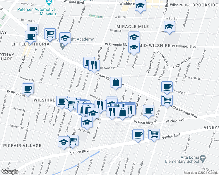 map of restaurants, bars, coffee shops, grocery stores, and more near 1262 South Burnside Avenue in Los Angeles