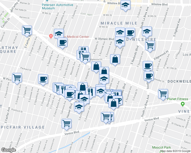 map of restaurants, bars, coffee shops, grocery stores, and more near 1262 South Burnside Avenue in Los Angeles