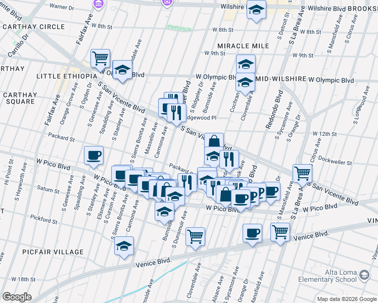map of restaurants, bars, coffee shops, grocery stores, and more near 1262 South Burnside Avenue in Los Angeles
