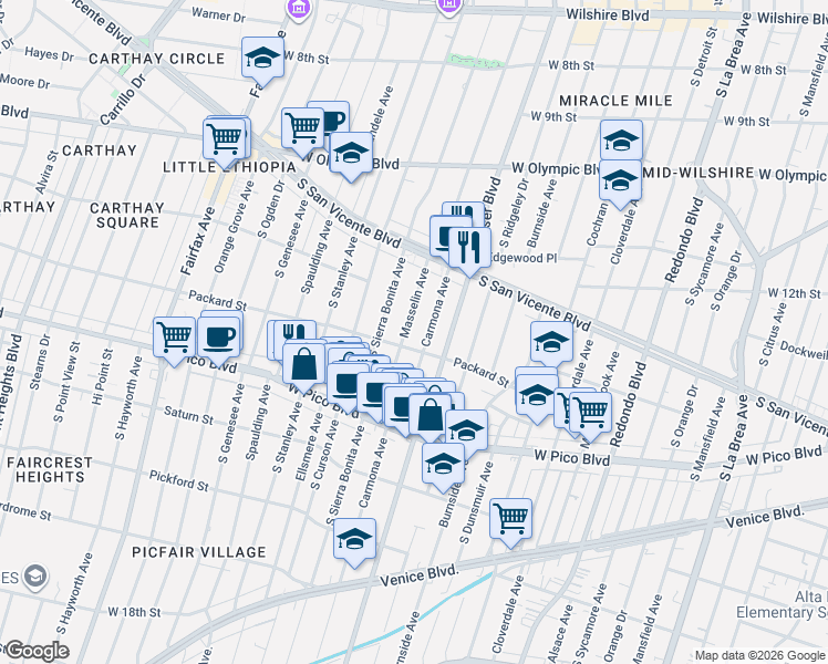 map of restaurants, bars, coffee shops, grocery stores, and more near 5560 Packard Street in Los Angeles