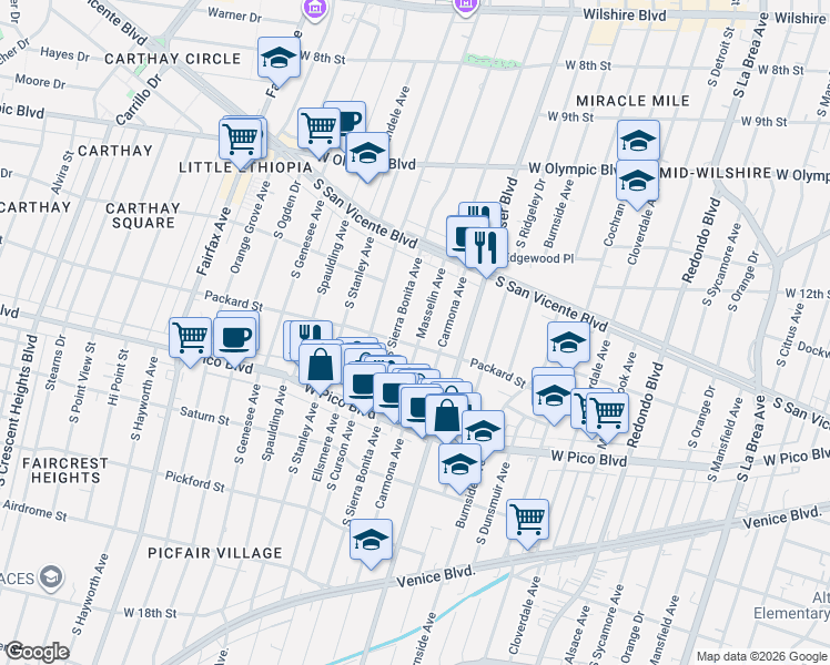 map of restaurants, bars, coffee shops, grocery stores, and more near 5560 Packard Street in Los Angeles